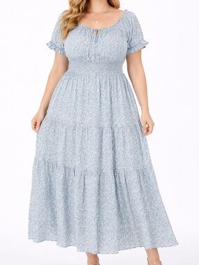 J Crew Puff Sleeve Floral Boho Tiered Maxi Dress Blue Pink Size 18